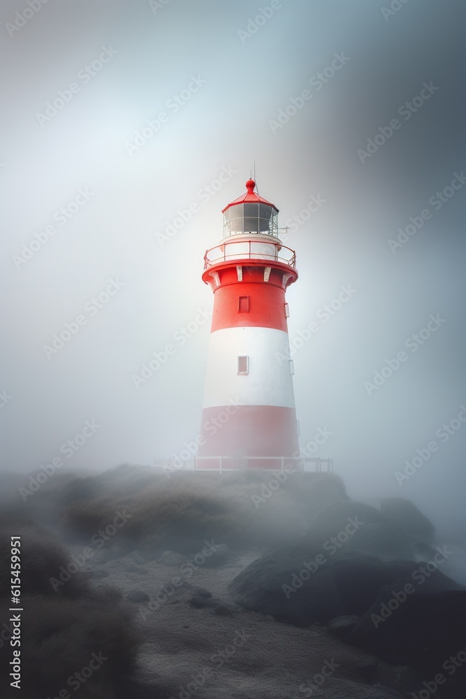 Misty Beacon: Discover the Enigmatic Lighthouse Amidst the Serene Rocky Island. Generative AI.