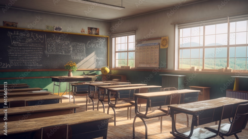 A classroom with a blackboard and desks. Generative AI A classroom with a blackboard and desks. Generative AI