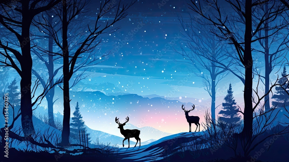 Deer silhouettes in the forest at night with snowfall in blue winter and aurora borealis northern lights