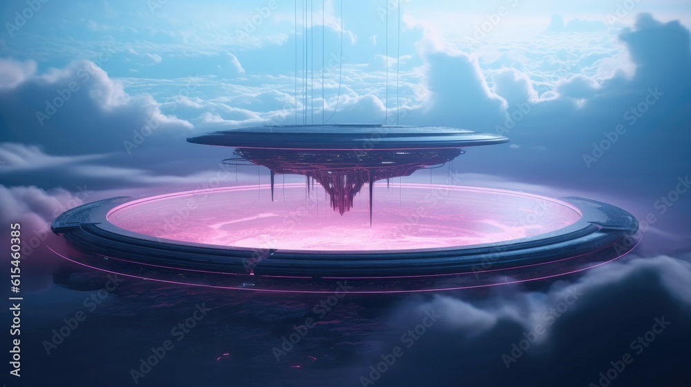 Floating oasis hovers above the clouds. A marvel of advanced technology where gravity is defied and panoramic views stretch endlessly. Generative AI