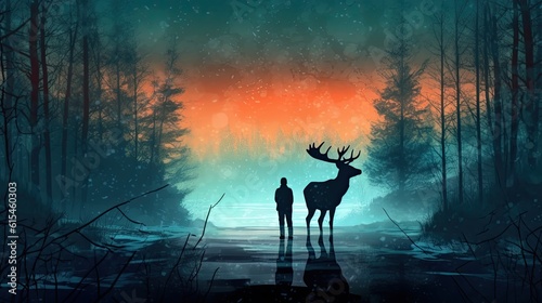 Silhouette of a man and a deer in a magical forest. Unusual friendship between human and animal © Sabine