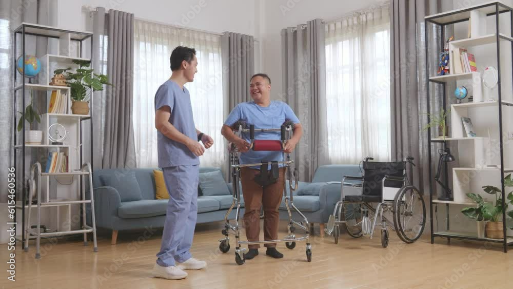 Full Body Of Asian Male Nurse Laughing While Talking To A Patient Standing In A Walker During A Physical Therapy At Home
Full Body Of Asian Male Nurse Laughing While Talking To A Patient Standing In A Walker During A Physical Therapy At Home