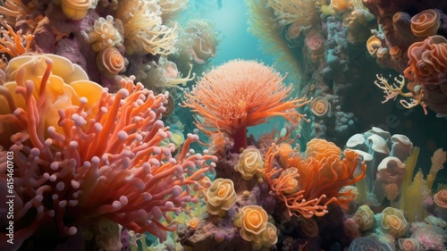 Marvel at the intricate patterns of symmetrical coral reefs  adorned with a kaleidoscope of vibrant hues. Generative AI