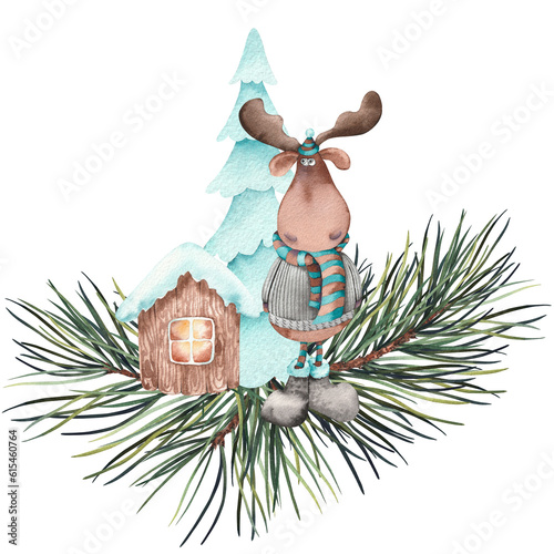 Photography Watercolor Christmas cartoon moose and pine branches