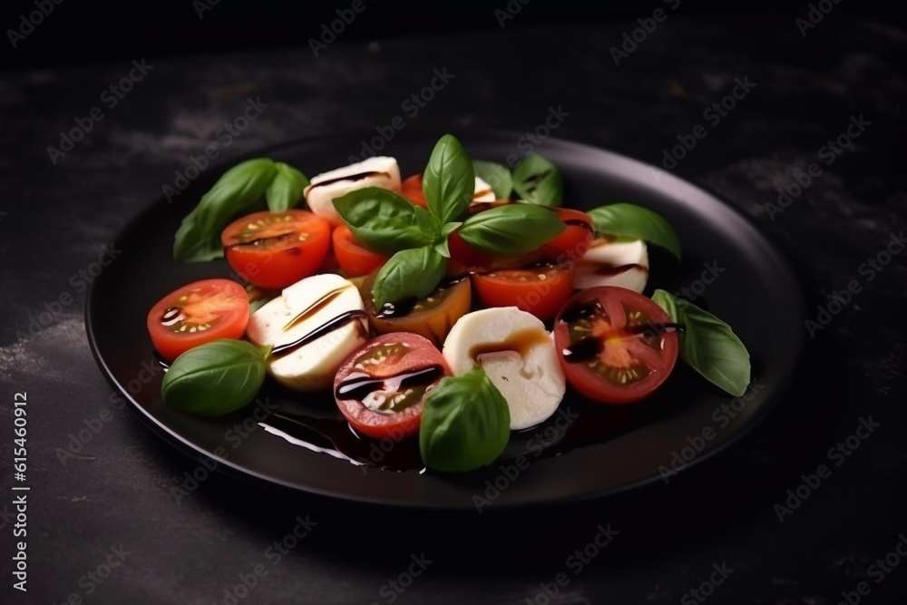 Caprese salad with juicy tomatoes and olive oil on a plate on a dark background. Generative AI