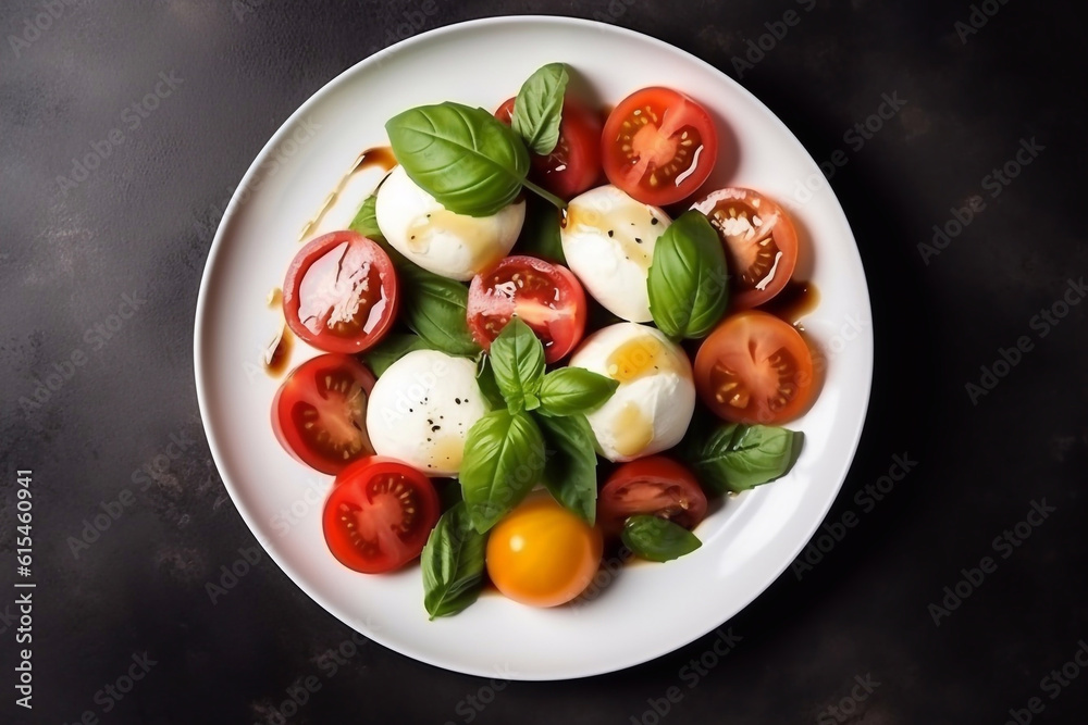 Caprese salad with juicy tomatoes and olive oil on a plate on a dark background. Generative AI Caprese salad with juicy tomatoes and olive oil on a plate on a dark background. Generative AI