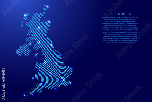 United Kingdom, map from futuristic concentric blue circles and glowing stars for banner, poster, greeting card