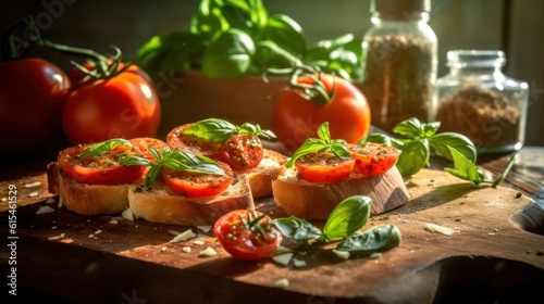 Mediterranean Delight: Fresh Tomato and Basil Bruschetta, generative ai
