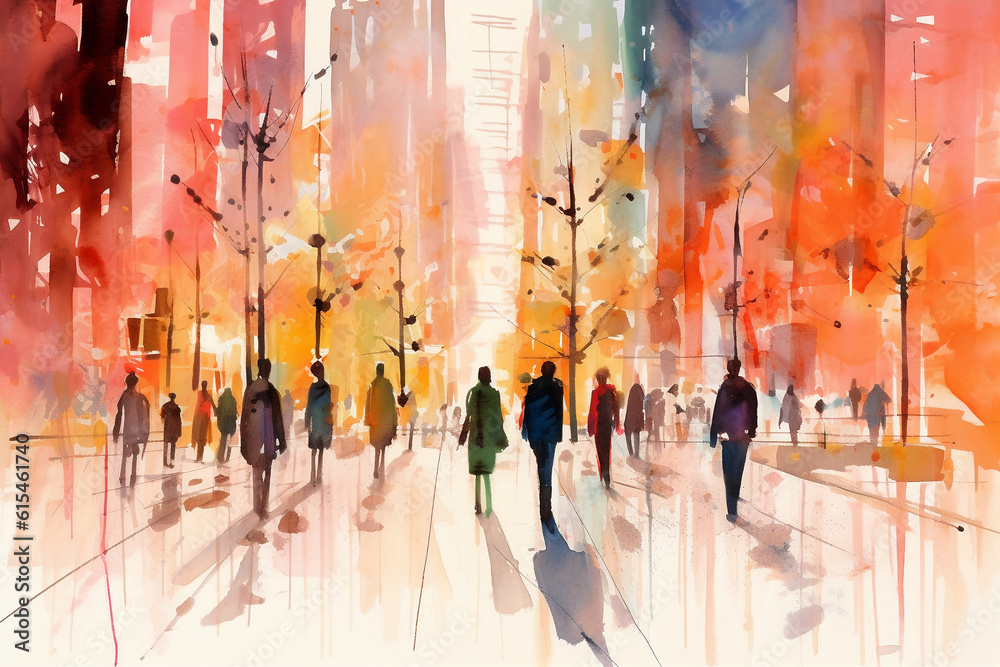 Watercolor illustration: panorama of a city street with people walking, Crowd of people. Generative ai.