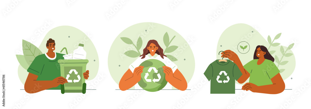 Obraz premium Recycling concept illustration. Collections of men and women characters reducing plastic trash and buying recycle clothes to prevent environmental pollution. Vector illustrations set.