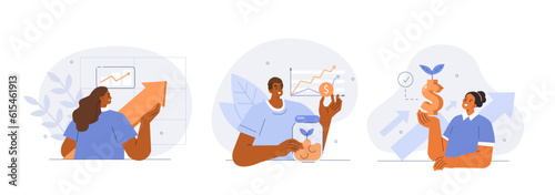 Finance increasing concept illustration. Collections of men and women characters investing money, becoming financially successful and capital growth. Vector illustrations set.