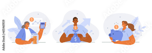Financial management concept illustration. Collections of men and women characters managing investments, planning invest strategy, savings and budgets. Vector illustrations set.
