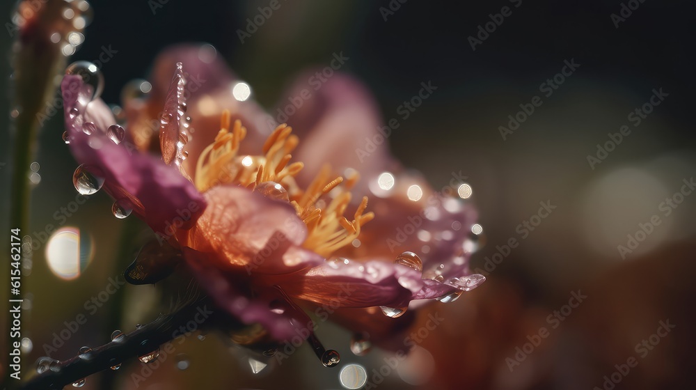 Fototapeta premium macro photography of a closeup colourful wet flower with water drops in a delicate and soft light environment. generative ai