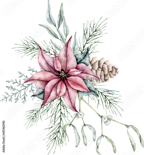 Christmas bouquet of red poinsettia flower, Mistletoe or Viscum, pine cone, silver plant Dusty Miller, snowberry and emerald spruce branch, eucalyptus, pine twig, evergreen tree, fir, cedar. Hand photo