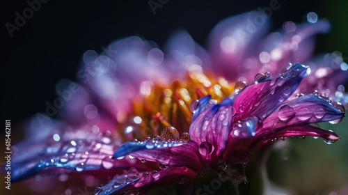 macro photography of a closeup colourful wet flower with water drops in a delicate and soft light environment. generative ai