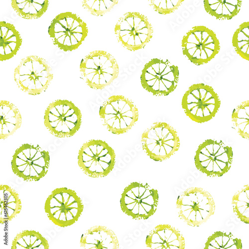 Halved lemons of green yellow colors painted watercolor. Modern design with prints of lemon lobules.