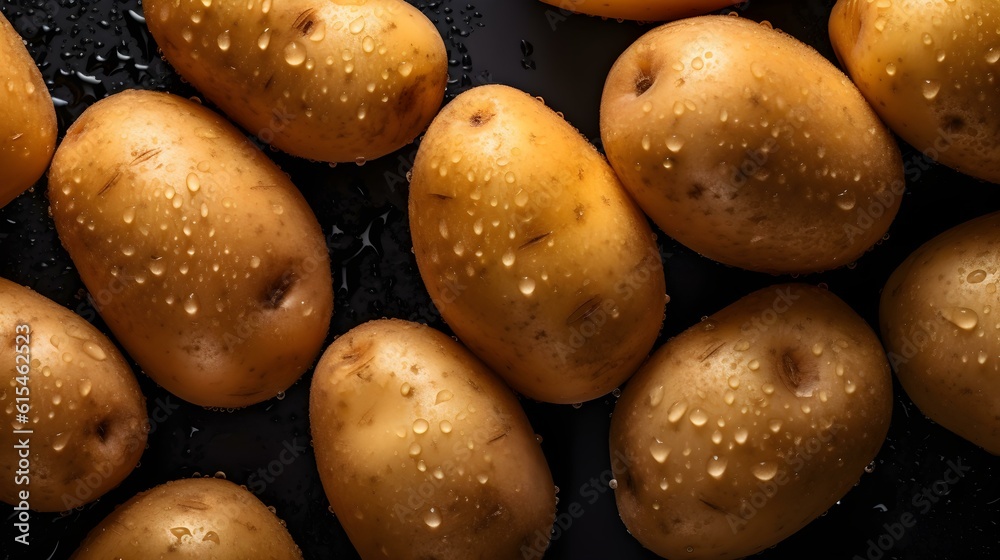 Overhead Shot of Potatoes with visible Water Drops. Close up.
Overhead Shot of Potatoes with visible Water Drops. Close up.