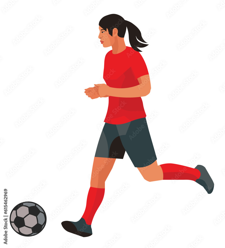Asian women's football girl player in red sports equipment in profile runs after the ball