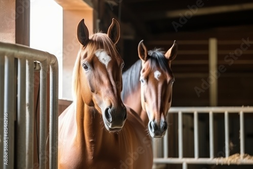 Majestic Beauty: Horses in the Barn, a Captivating Portrait, generative ai © nishihata