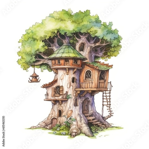 Watercolor illustration of a tree house in the shape of a house AI Generative