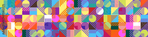 Abstract geometric bauhaus grid seamless pattern. Simple shapes combination horizontal banner. Memphis style composition artwork. Retro modern trendy graphic background. Vibrant color eps art print