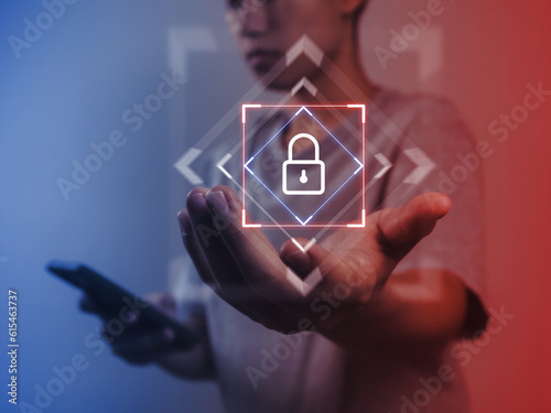 Cyber security, man showing internet data protection. Sophisticated secure personal data protection. on a bright colored background blue and red