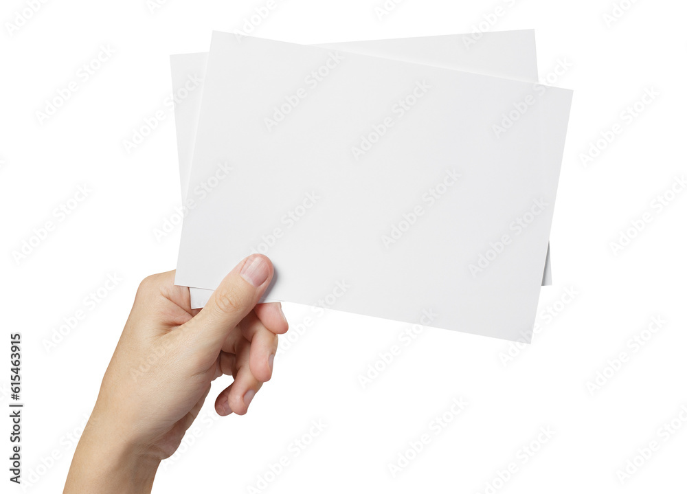 Hand holding two blank sheets of paper (tickets, flyers, invitations, coupons, banknotes, etc.), cut out Hand holding two blank sheets of paper (tickets, flyers, invitations, coupons, banknotes, etc.), cut out