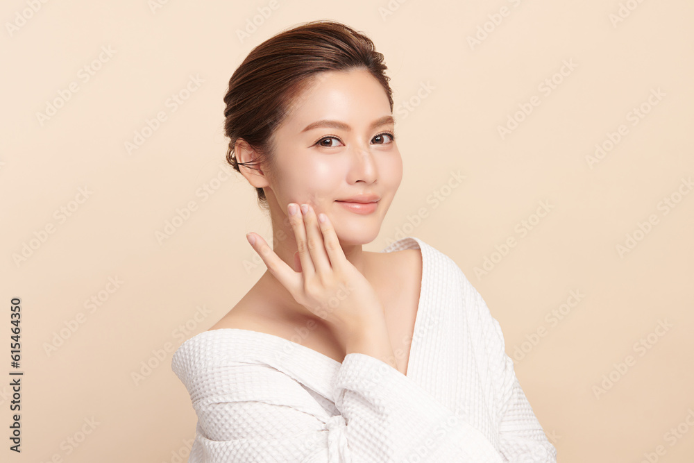 Beautiful young asian woman with clean fresh skin on beige background, Face care, Facial treatment, Cosmetology, beauty and spa, Asian women portrait. Beautiful young asian woman with clean fresh skin on beige background, Face care, Facial treatment, Cosmetology, beauty and spa, Asian women portrait.