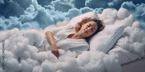 Hübsche Frau liegt im Bett schlafend wie im siebten Himmel mit Wolken bequem und ruhig, ai generativ photo