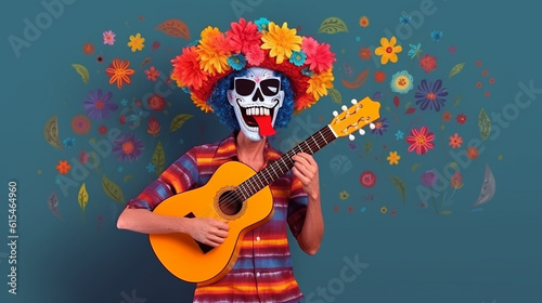 Engraçado com violão, caveira mexicana, flores coloridas, caipira de festa junina, quadrinho, Dia dos Mortos photo