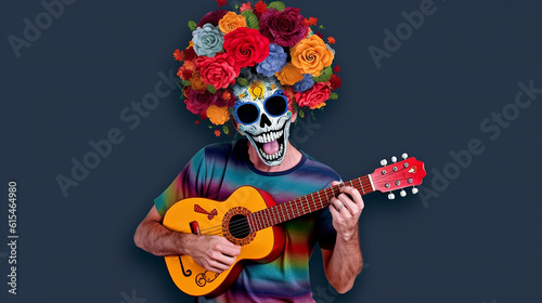 Engraçado com violão, caveira mexicana, flores coloridas, caipira de festa junina, quadrinho, Dia dos Mortos