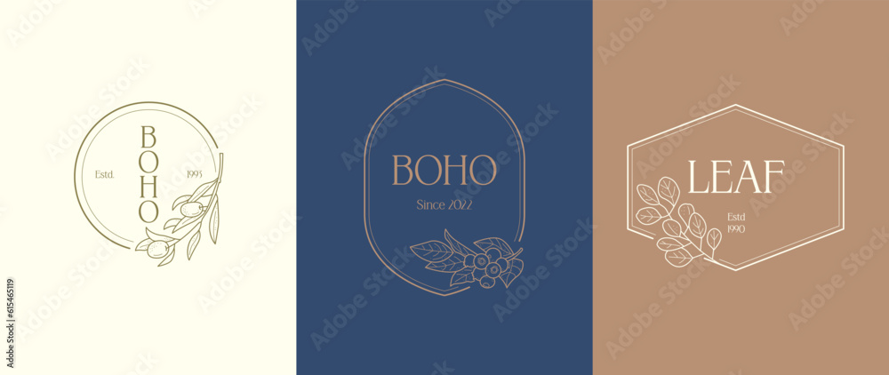 Fototapeta premium Hand drawn line art botanical vector logo design template collection. Illustration of elegant signs and badges for beauty, creative agency, cosmetics, spa and wellness, fashion, wedding, yoga centre.