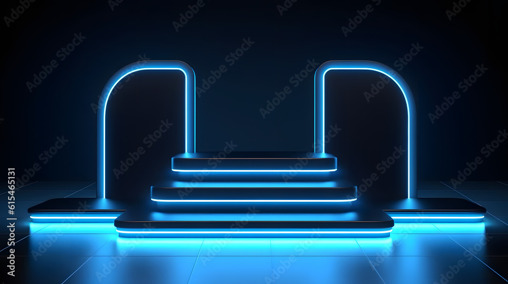 Beautiful modern futuristic podium with neon blue lighting for product presentation, --aspect 16:9 Beautiful modern futuristic podium with neon blue lighting for product presentation, --aspect 16:9