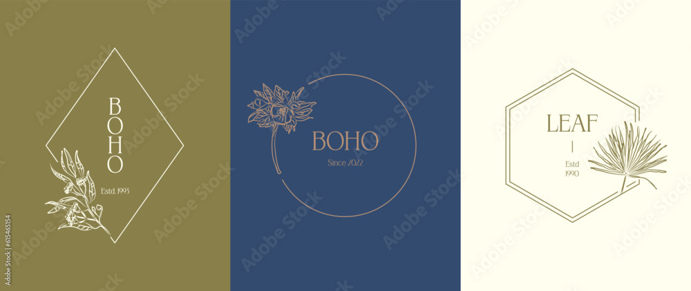Hand drawn line art botanical vector logo design template collection ...