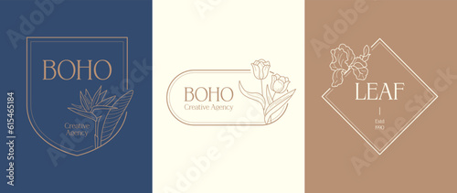 Hand drawn line art botanical vector logo design template collection. Illustration of elegant signs and badges for beauty, creative agency, cosmetics, spa and wellness, fashion, wedding, yoga centre.