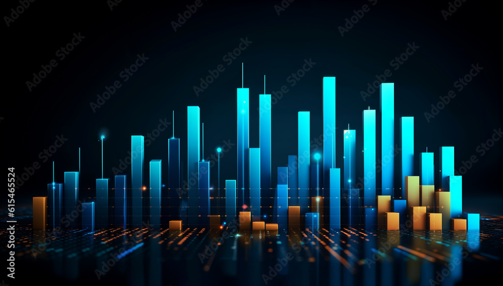 Panoramic abstract backdrop with stock market growth/down, digital financial chart graphs and indicators. Generative AI