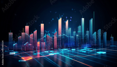 Panoramic abstract backdrop with stock market growth down  digital financial chart graphs and indicators. Generative AI