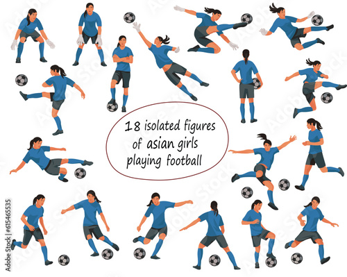 Figures of asian women's football girl players in black uniforms standing in the goal, running, hitting the ball, jumping