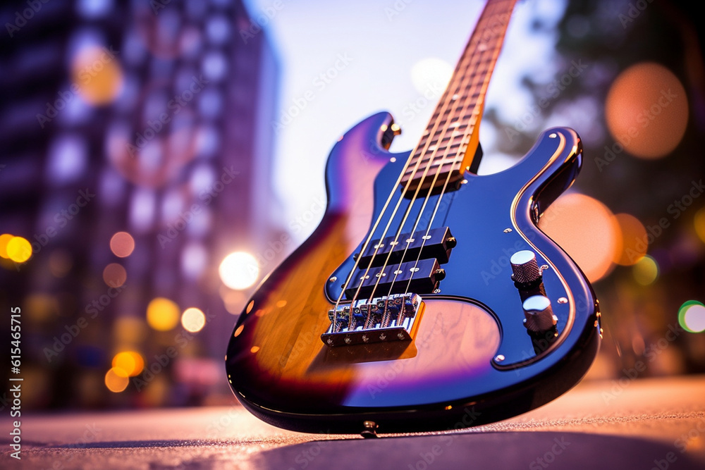 Fototapeta premium Electric bass guitar with bokeh background Generative AI