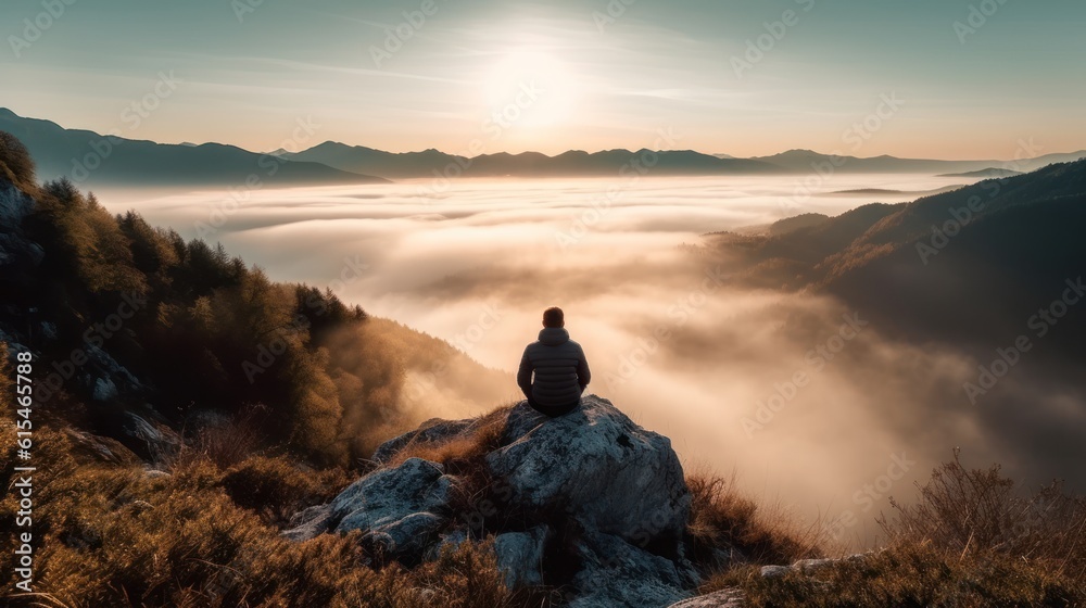 Young man sitting on the top of a mountain and watching the sunrise ,Generative AI