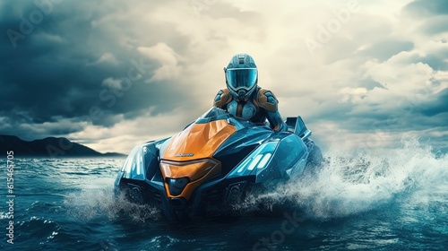 extreme sport theme, jet skiing in rough ocean, generative Ai © QuietWord