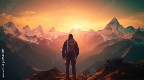 Hiker with backpack looking at the mountains ,Generative AI