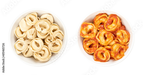 Tortellini in white bowls. Industrially made stuffed dumplings, Italian pasta with distinctive shape, also called belly buttons. Uncooked and dried pasta (left), and boiled, with tomato sauce (right).