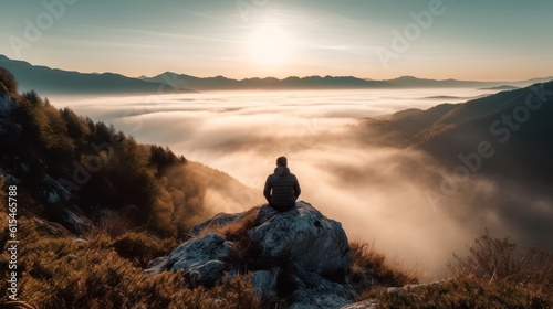 Young man sitting on the top of a mountain and watching the sunrise ,Generative AI © tanatat