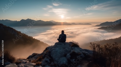 Young man sitting on the top of a mountain and watching the sunrise ,Generative AI