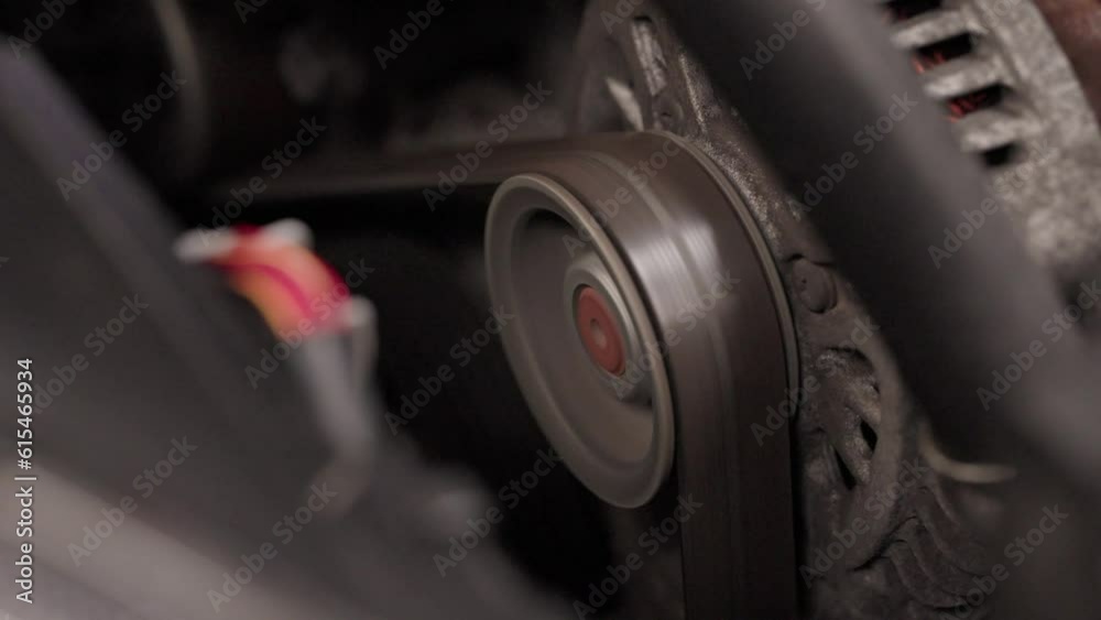 Belt spinning on a wheel, car engine belt, timing belt cog