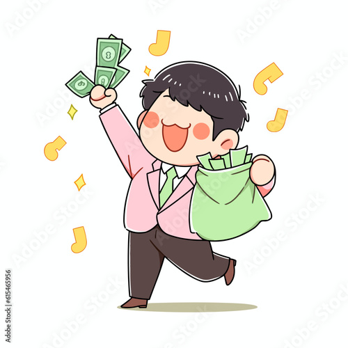 A businessman rejoicing while carrying a money bag