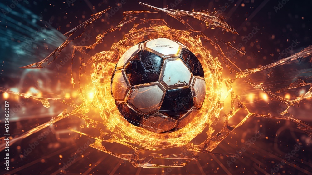Fototapeta premium soccer ball attack with fire burst, generative Ai
