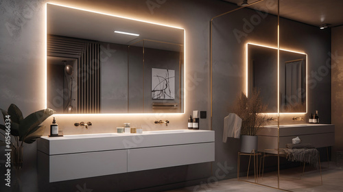 Bathroom in a modern and minimalist high-end style. Generative AI
