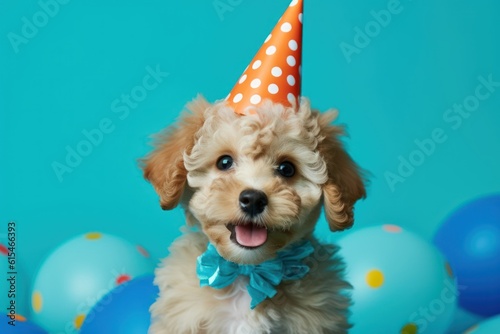 Puppy Party Paws: A Celebration of Cuteness with a Party-Hat-Wearing Pup on a Blue Background, generative ai